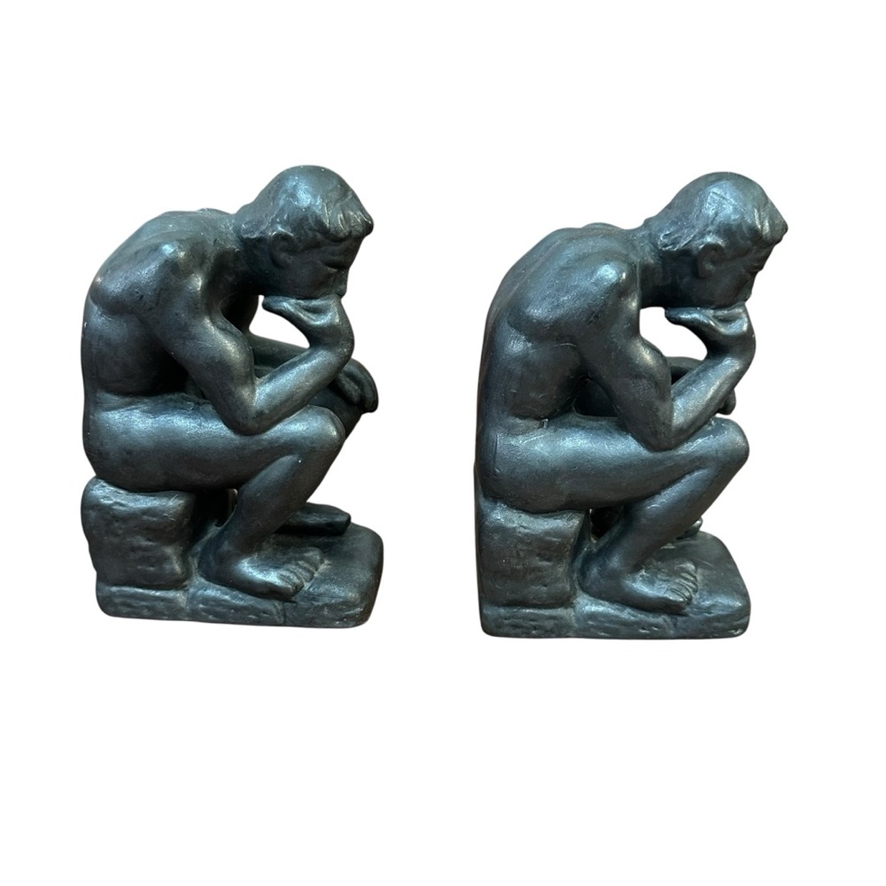 Vintage The Thinker Sculpture Set Ceramic Statue Figurine Book Ends Bookends - Picture 3 of 8